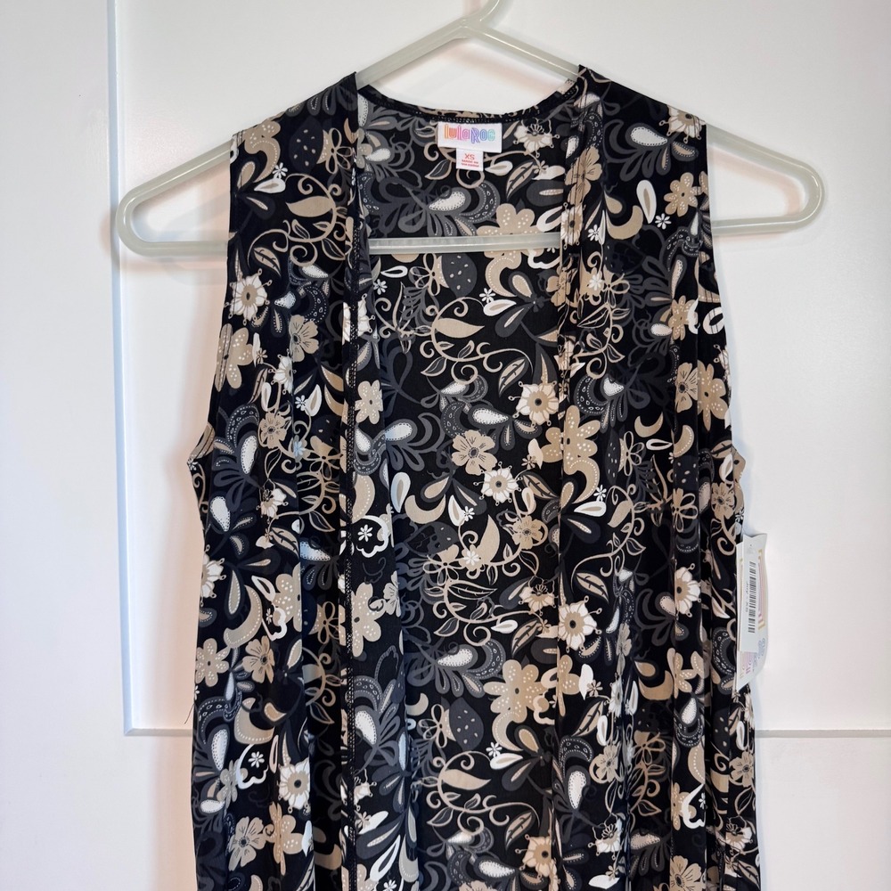 LuLaRoe Joy Sleeveless Duster Vest Black w/ Floral Print Women's XS Lightweight
